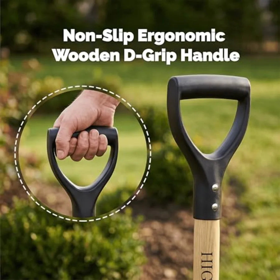 Heavy-duty garden shovel with wooden D-grip handle and steel round-point blade, 41-inch length.