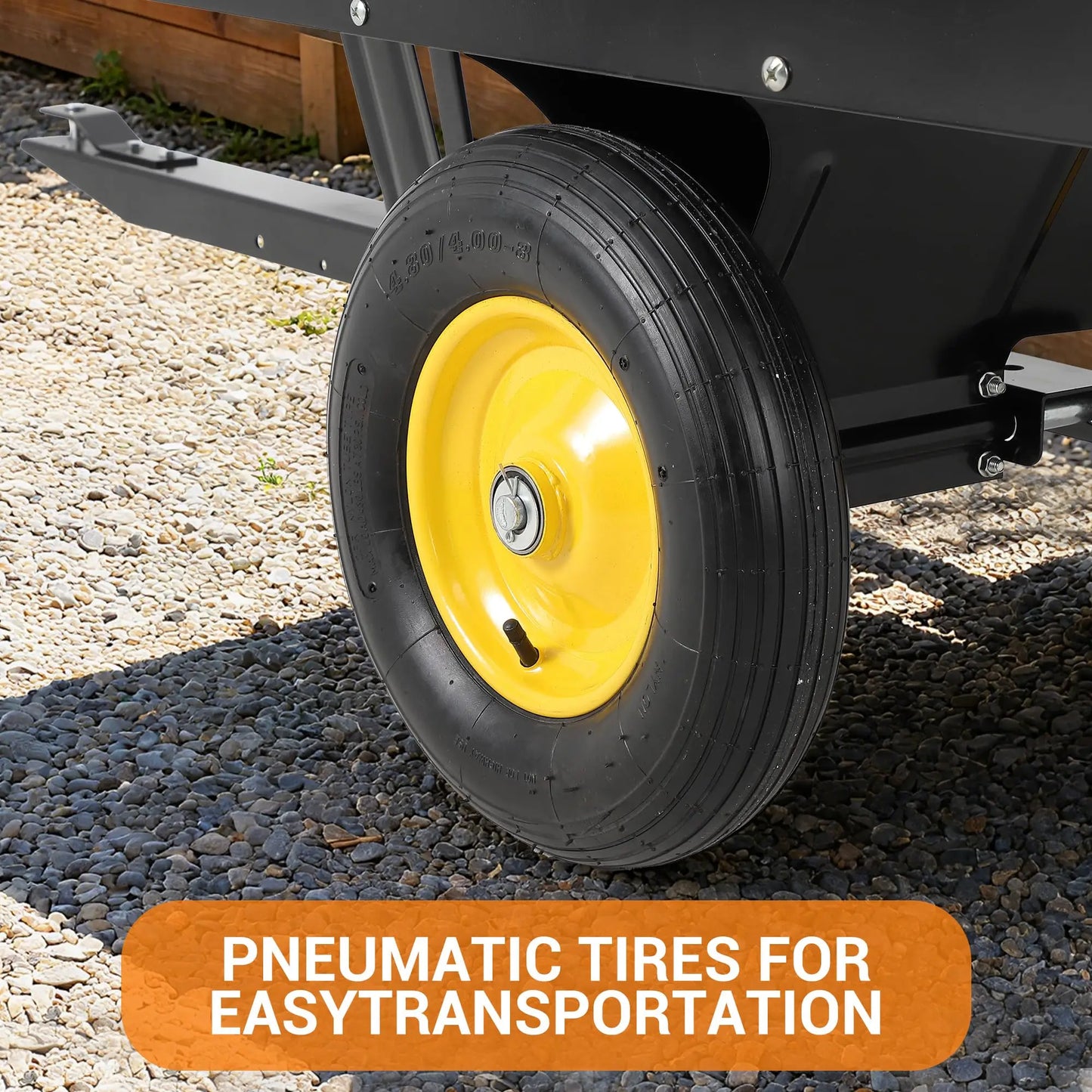 750 lb steel dump cart with black frame and yellow pneumatic-tire wheel