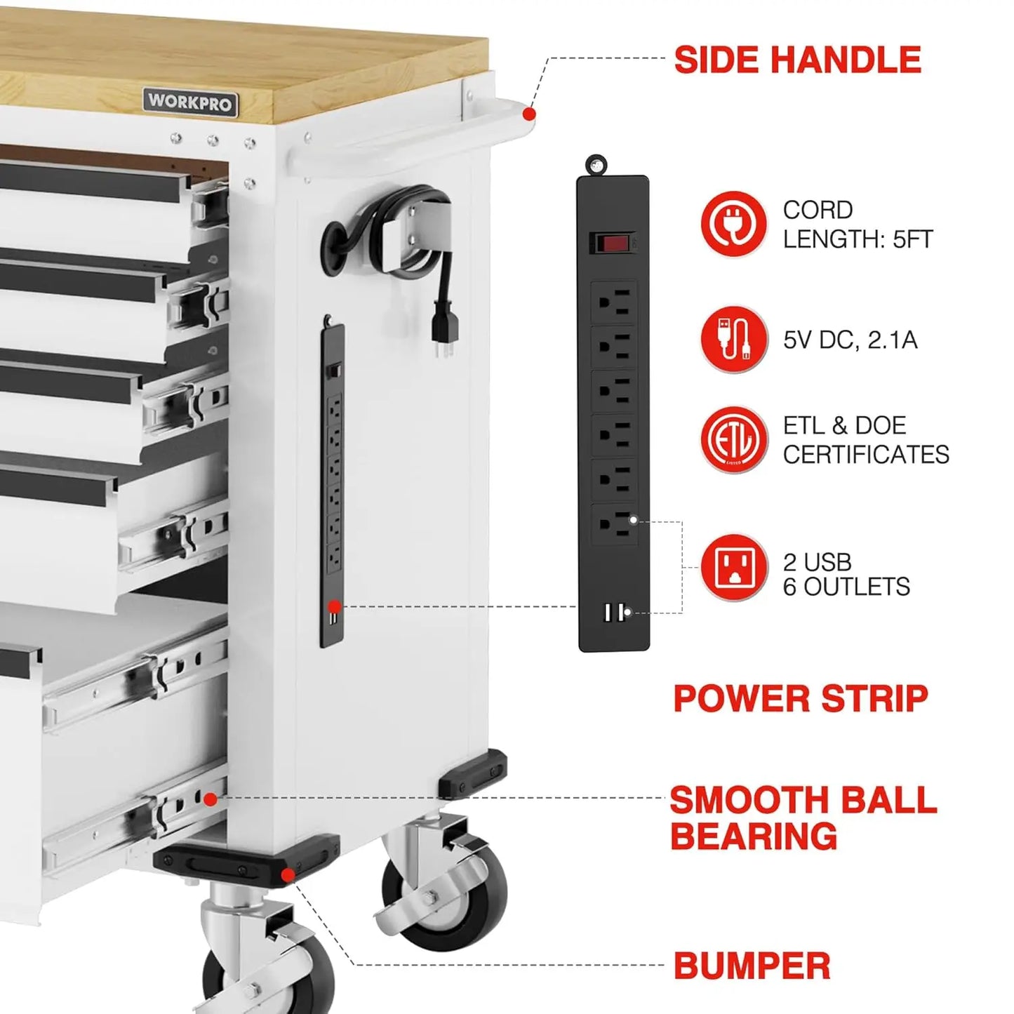 52" x 20" 5-Drawer & 1-Door Rolling Tool Chest, Heavy Duty Tool Chest with Wheels, Power Strip, Locking System,, Customized by S And B Enterprise