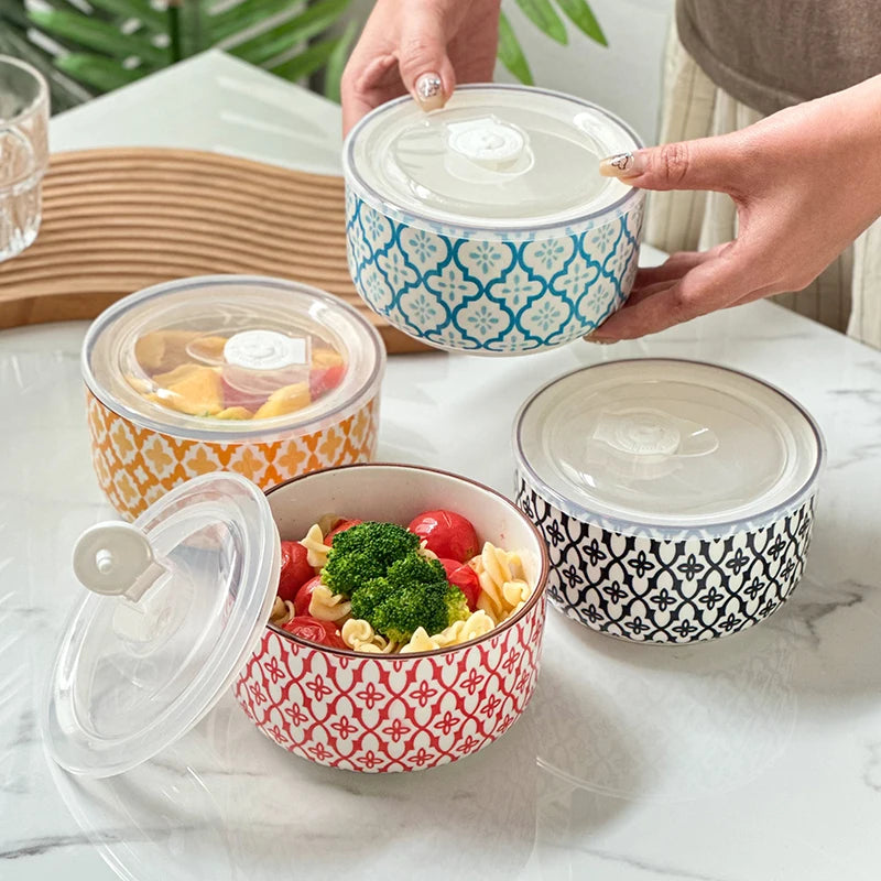 1-Pack 5.3 Inch Bohemian Lidded Fresh-Keeping Bowl, Microwave-Safe Multi-Purpose Fresh-keeping Bowl, Fruit/Salad/Pasta/Rice/Soup by S And B Enterprise
