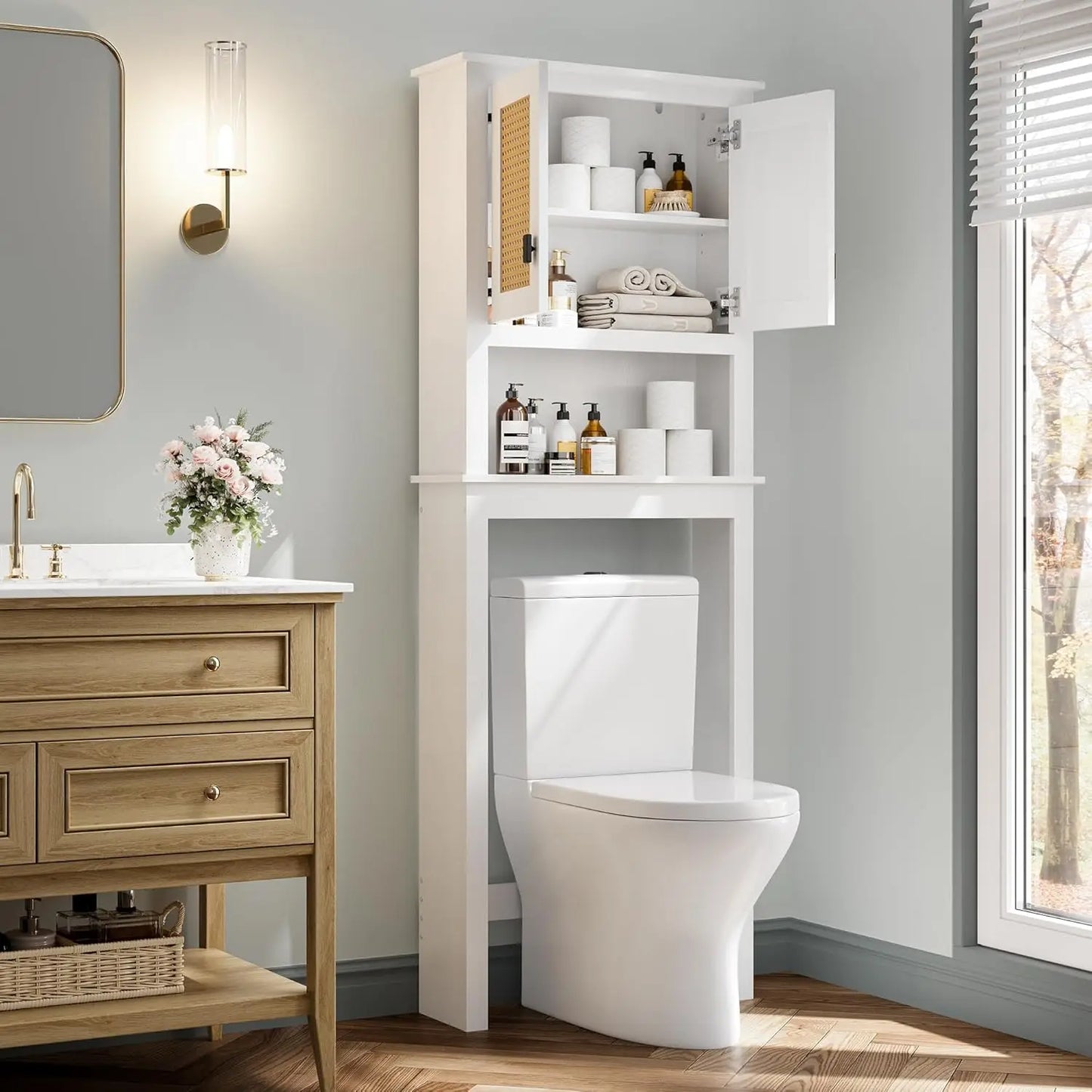 Farmhouse Over Toilet Storage Cabinet With Adjustable Shelf And Rattan Doors
