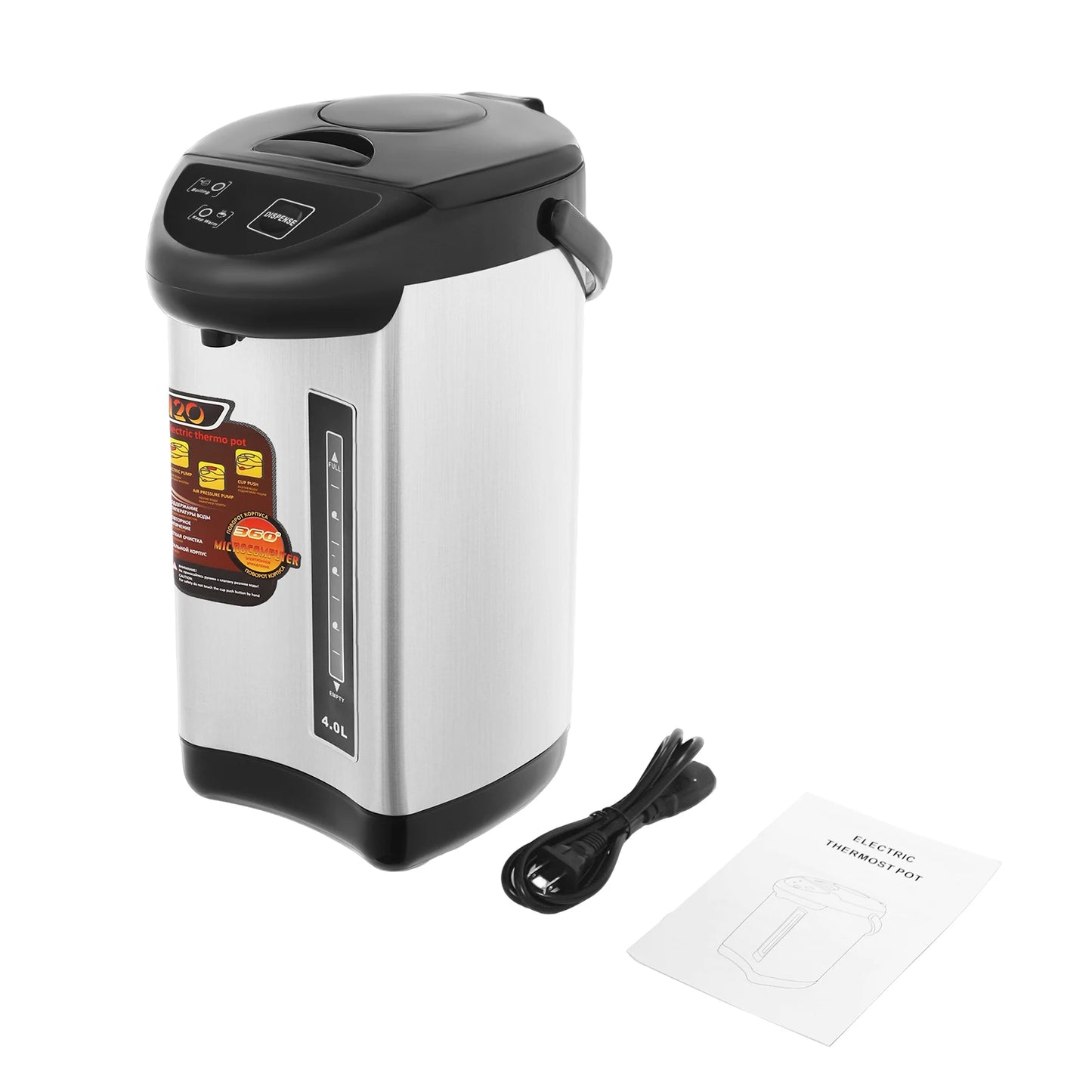 Electric kettle by S And B Enterprise, stainless steel 4L with black lid, 750W fast heating and keep-warm.