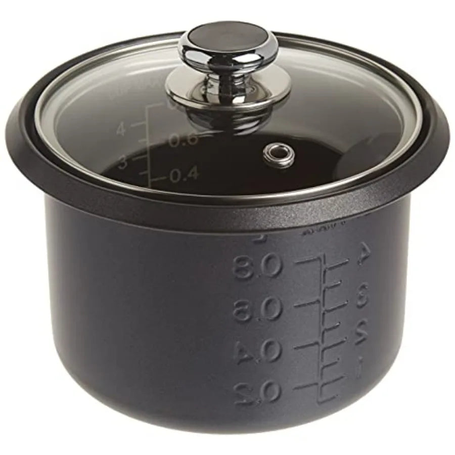 Rice cooker with glass lid, dark exterior and built-in measurement marks.