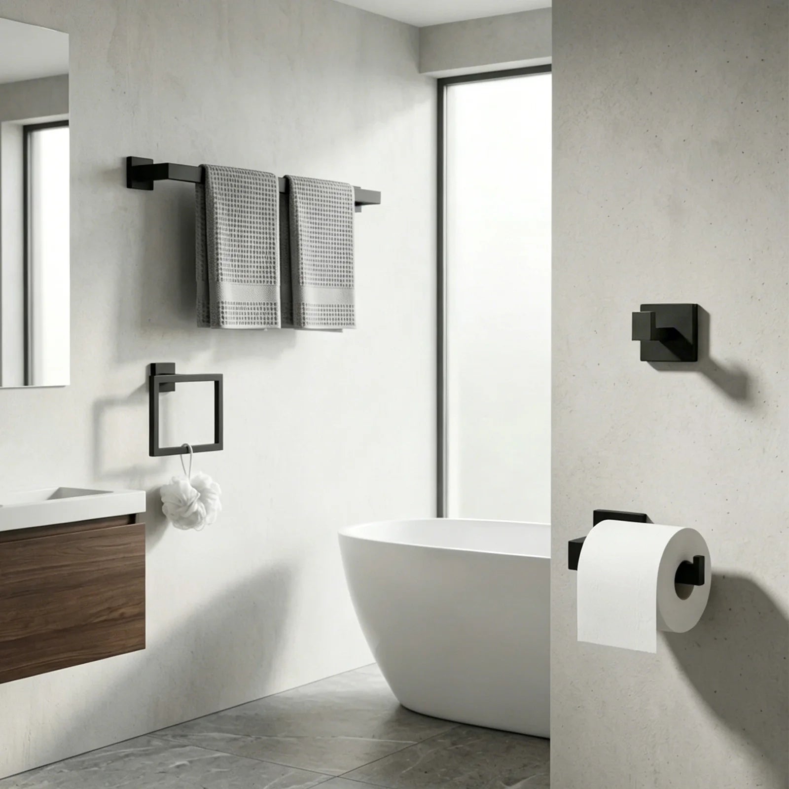 S And B Enterprise wall-mounted towel rack in black stainless steel with two gray towels