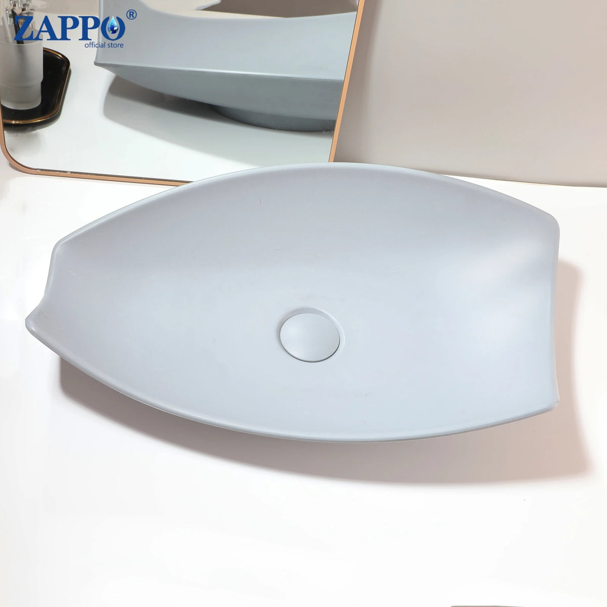 ZAPPO bathroom vessel sink; round gray stone-resin washbasin for above-counter installation with drain