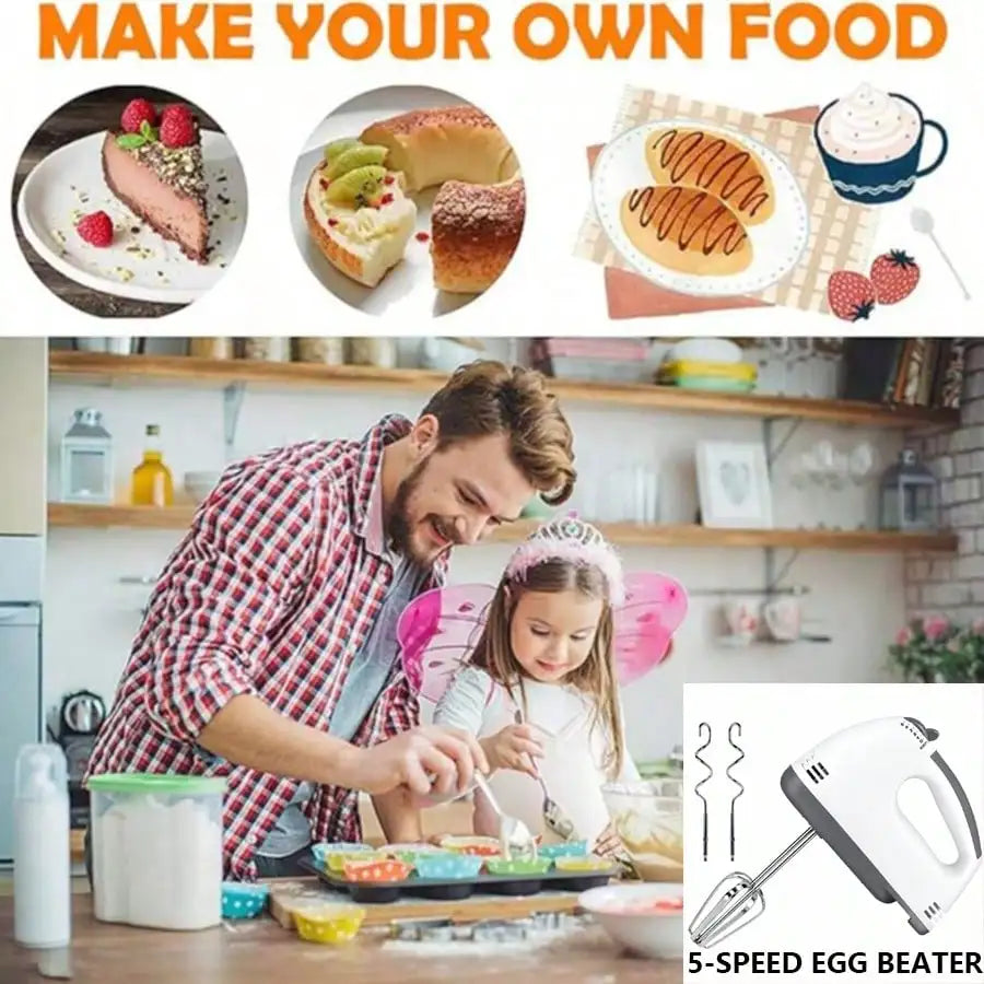 Electric handheld egg beater by S And B Enterprise, white handheld mixer with 5-speed settings for home baking.