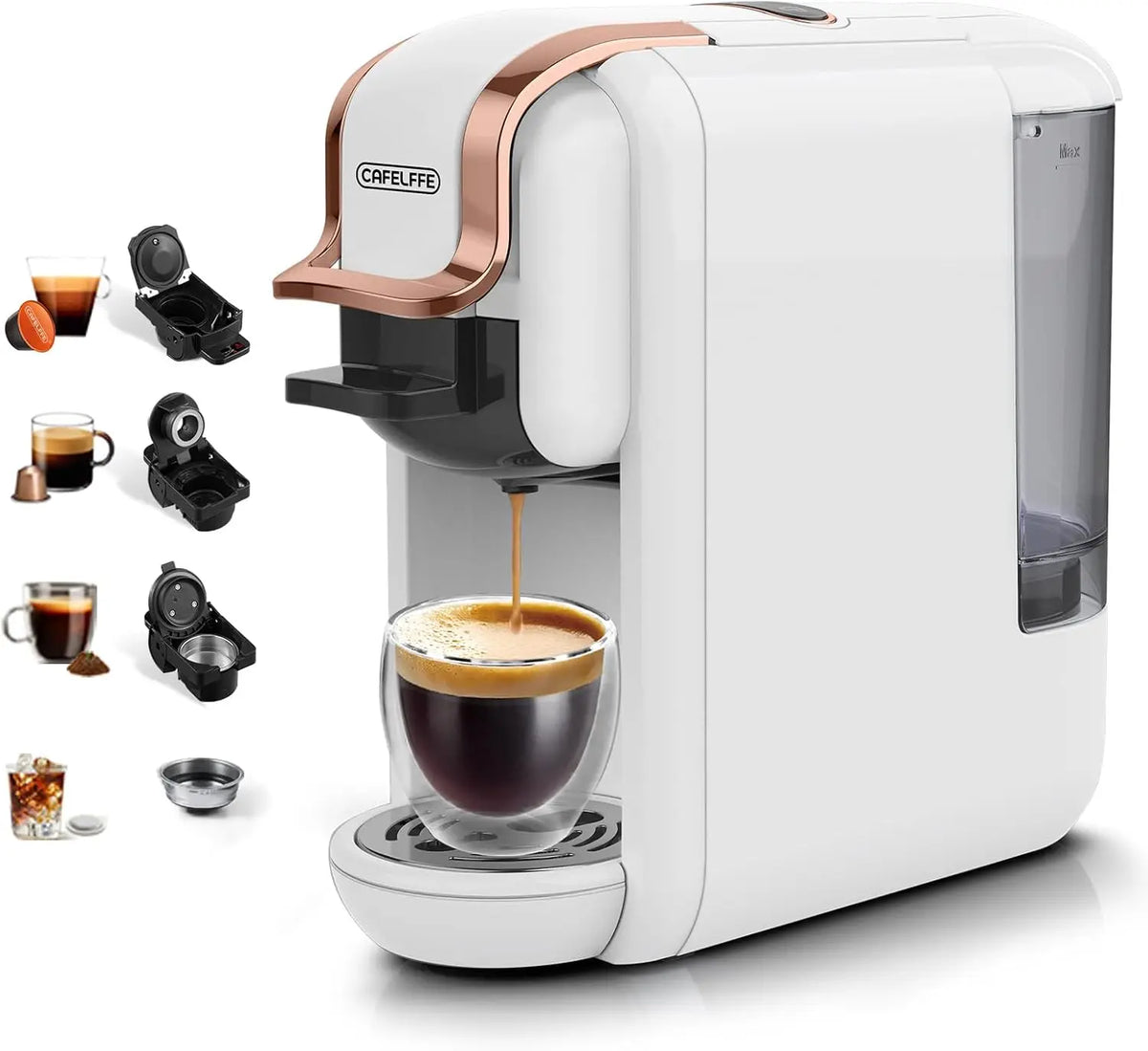 Cafelffe 4In1 capsule coffee machine, white with rose-gold trim, 19 bar hot/cold brew; Nes/DG 44mm ESE adapters.