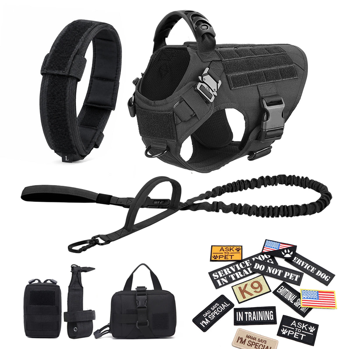 Black tactical large dog harness set with leash, collar, pouches, and Velcro patches