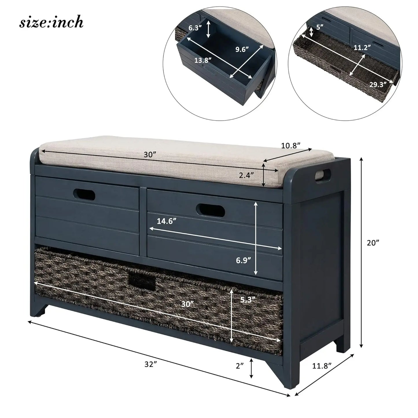 Upholstered Storage Bench for Entryway, Wood Storage Ottoman with Removable Basket and 2 Drawers, Farmhouse Shoe, Customized