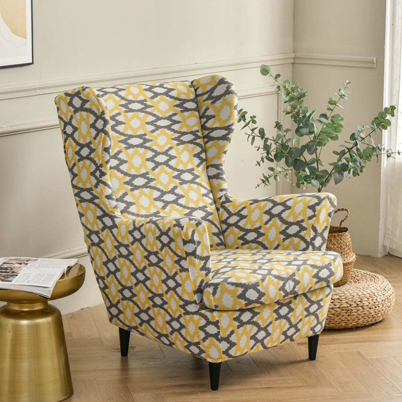 Printed Wing Chair Cover Wingback Stretch Spandex Armchair Covers Nordic Removable Relax Sofa Slipcovers With Seat Cushion Cover by S And B Enterprise