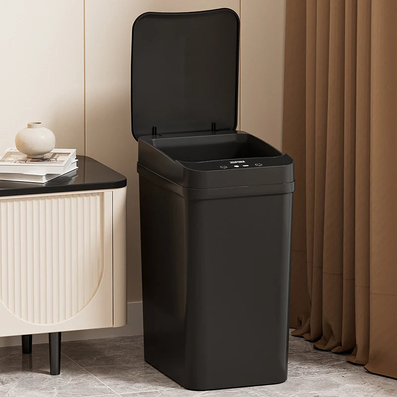 Black slim smart sensor trash can with open lid, 12L/15L touch-free waste bin for home or office