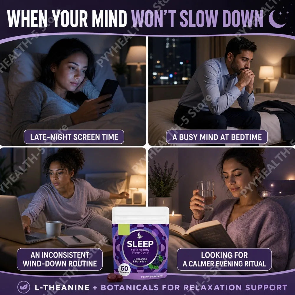 Blackberry flavor L-Theanine gummies by S And B Enterprise, 60-count bottle with purple packaging for nightly routine.