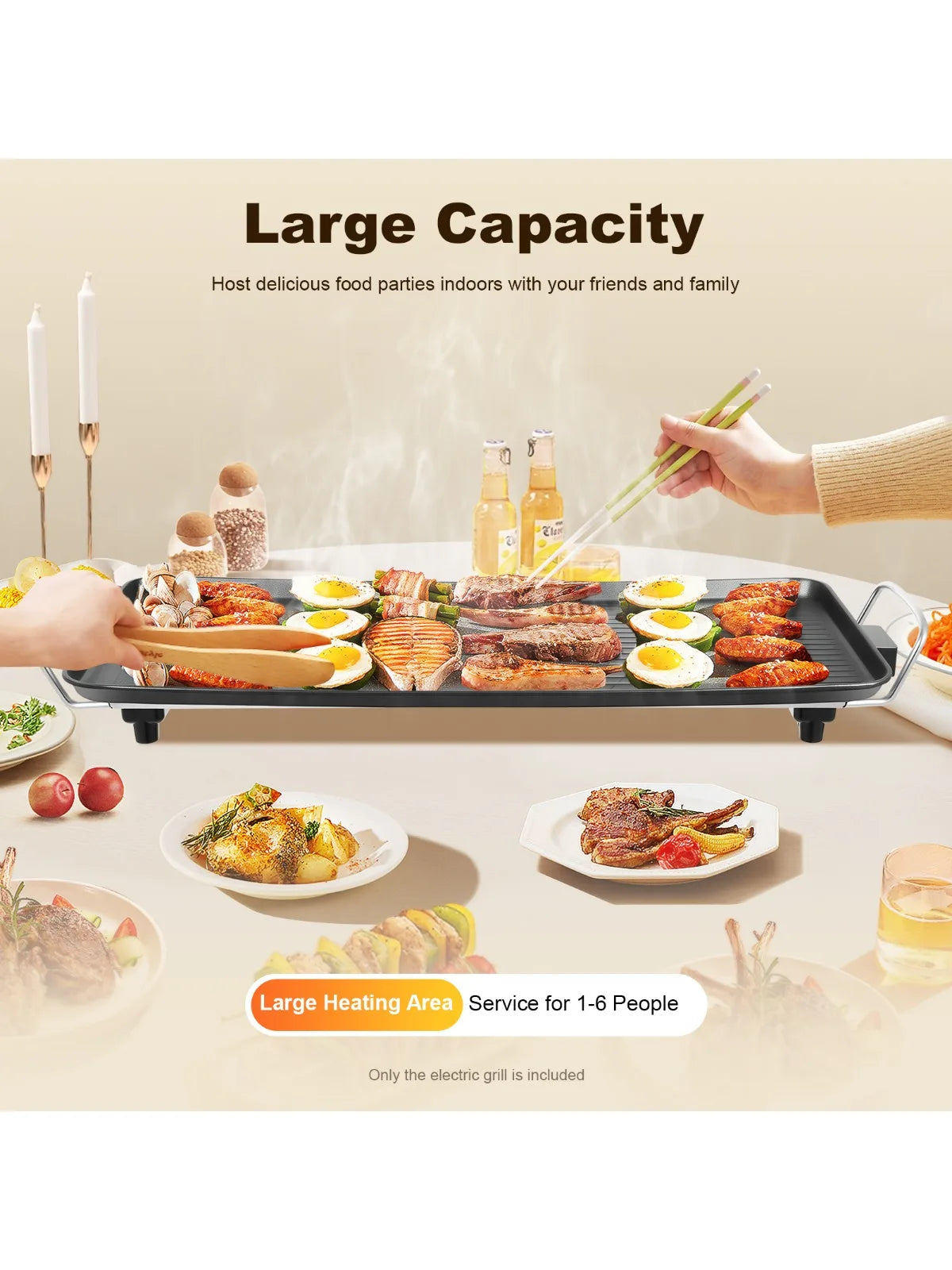 Electric griddle grill 68x28cm with non-stick aluminum surface, 1500W, 5 temperature settings.
