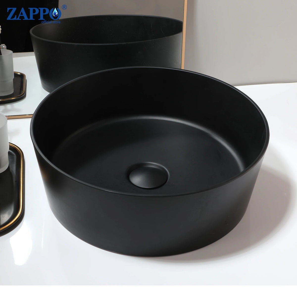 ZAPPO black round bathroom vessel sinks, two units with drains, stone resin finish
