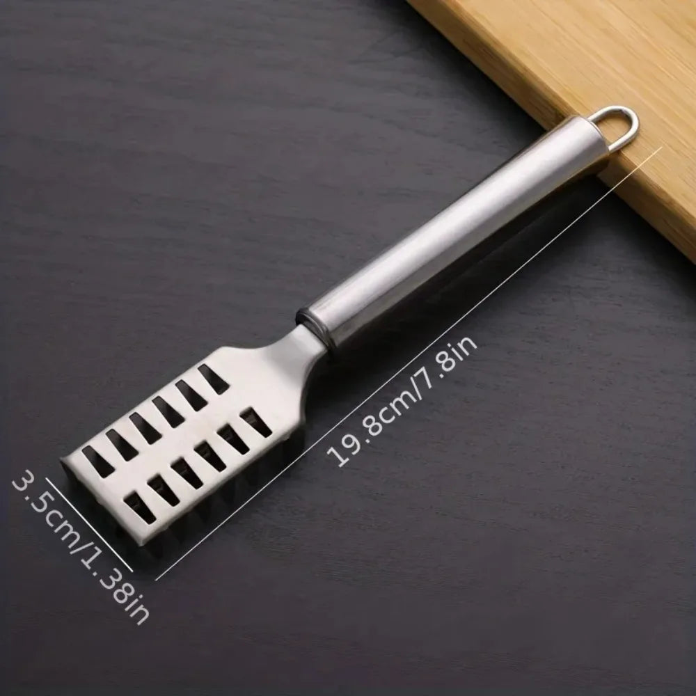 Multi-Purpose Kitchen Scraper with a slotted stainless steel head and a comfortable non-slip handle for easy scraping.