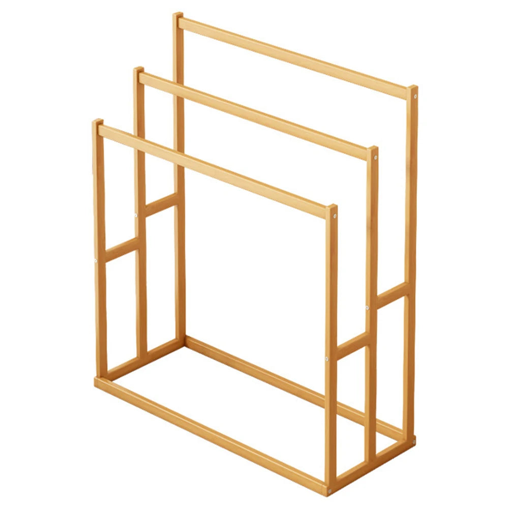 Wood vertical towel rack with 3-tier hanging crossbars in natural finish.