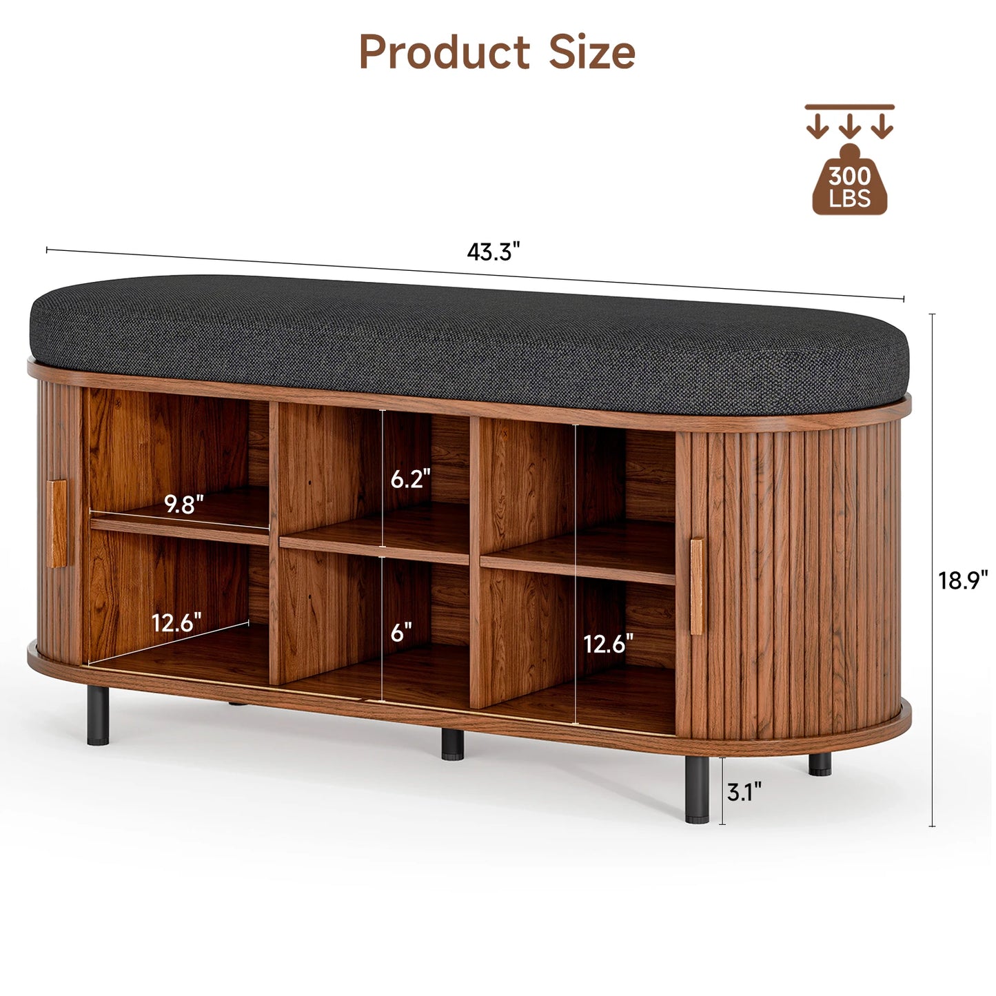 43.3-inch wooden shoe storage bench with cushioned top and three-tier cubby shelves