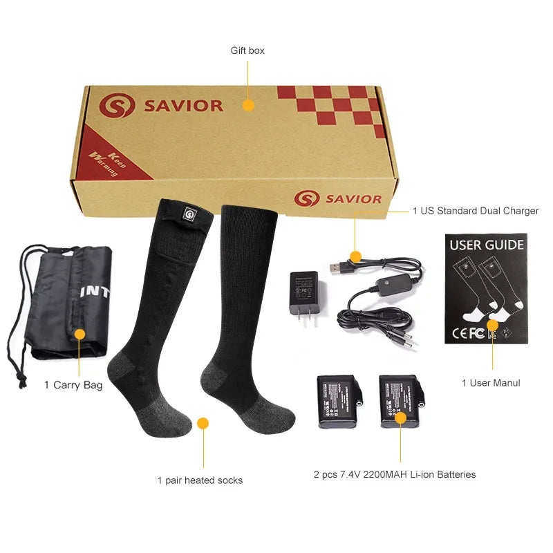Snow Deer heated socks by Savior; 1 pair black thermal socks with USB charger and 2x Li-ion 7.4V batteries, carry bag