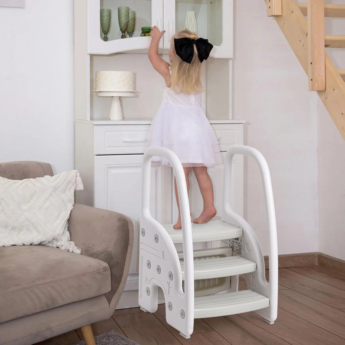Toddler 3-step plastic stool with side handles, white, for bathroom or kitchen, by S And B Enterprise