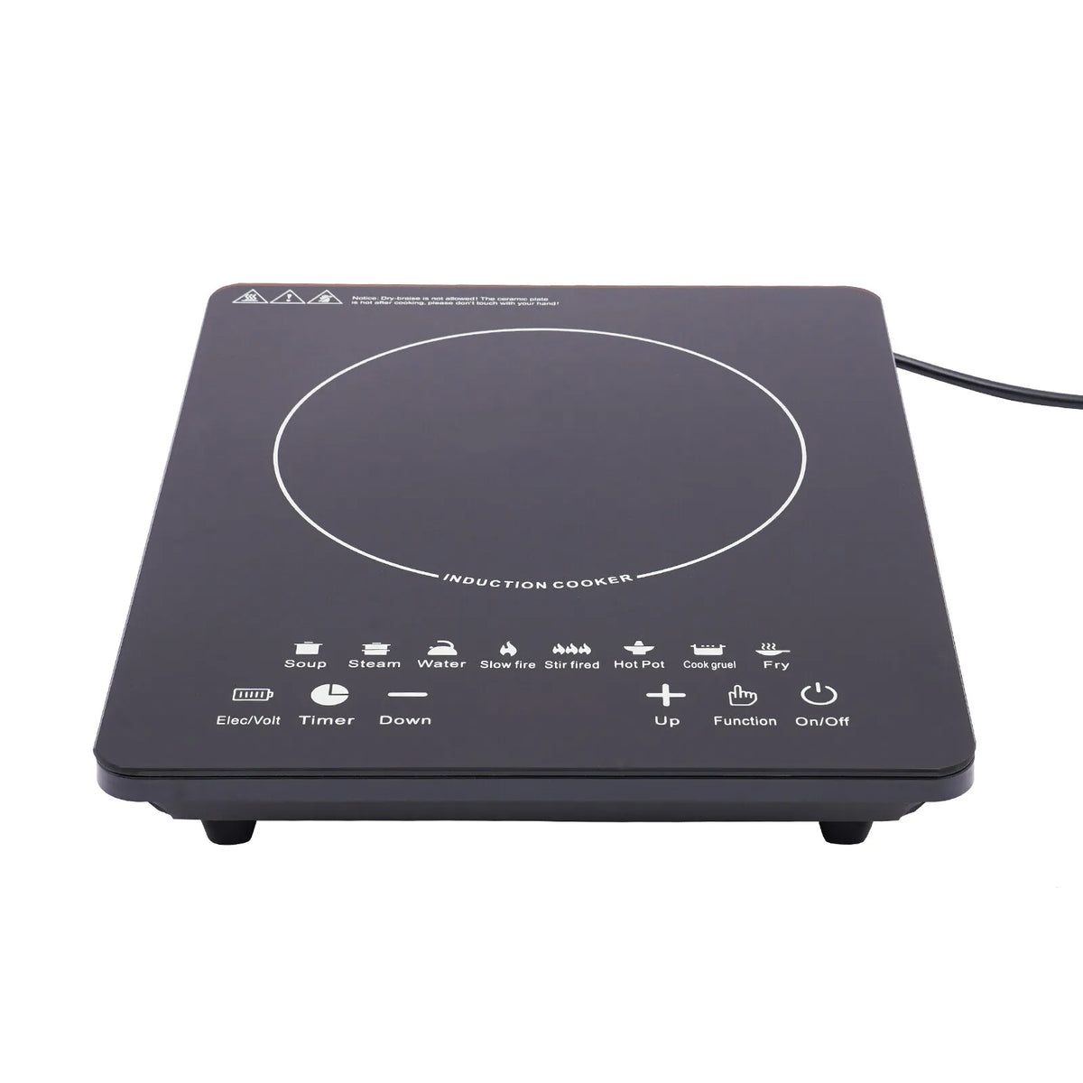 Induction cooktop, black portable burner with touch controls and a circular heating zone