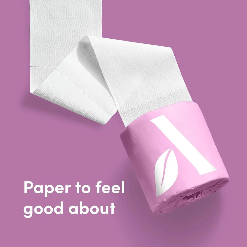 Bamboo 3-ply toilet paper 24-roll pack in pink wrapper with white leaf logo