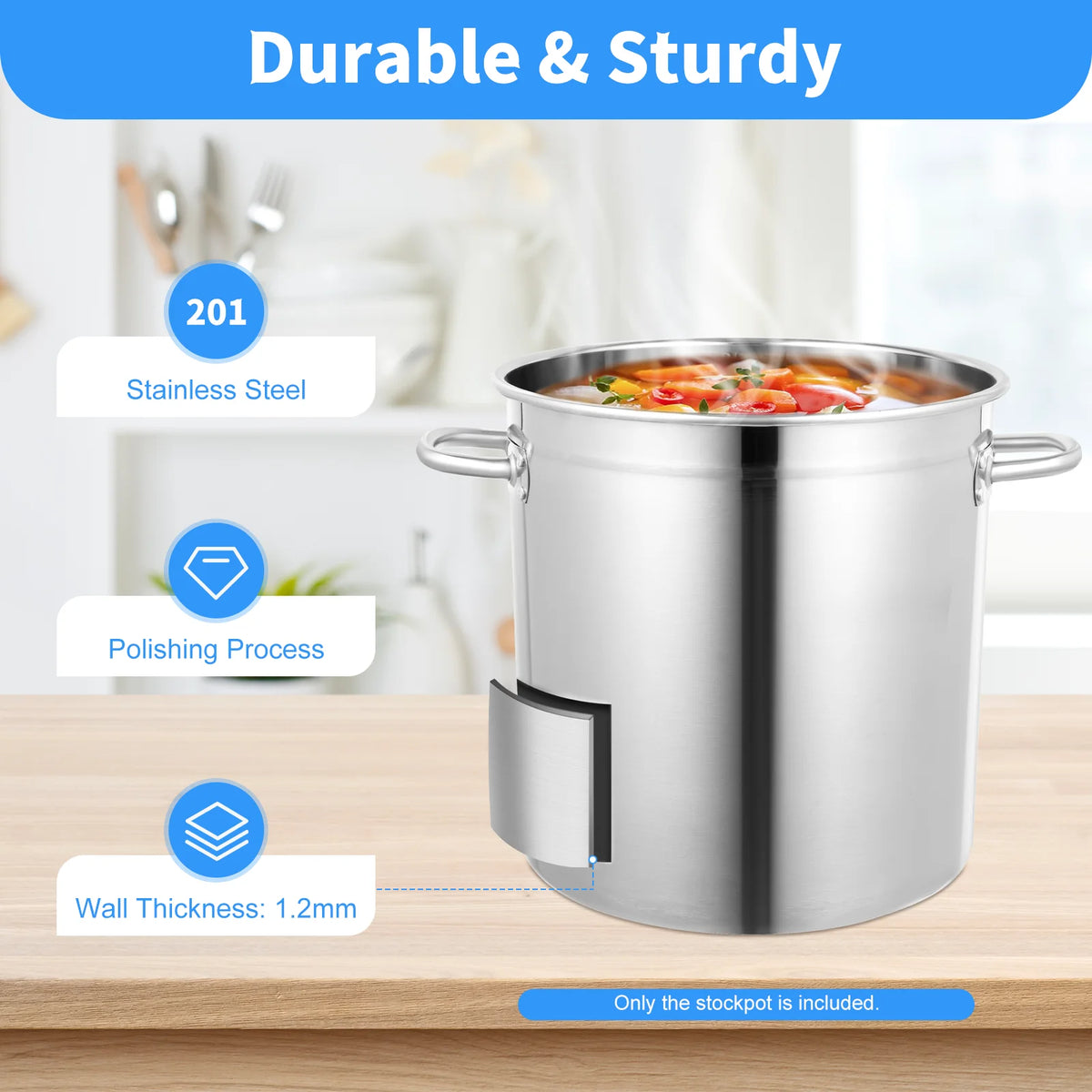 Stainless steel stock pot with lid and side handles, 35/50/70L capacity, by S And B Enterprise.