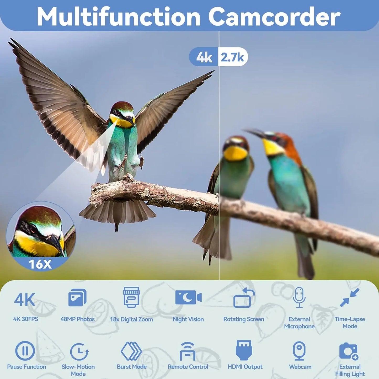 4K Camcorder With 18x Digital Zoom 48MP Imaging For YouTube