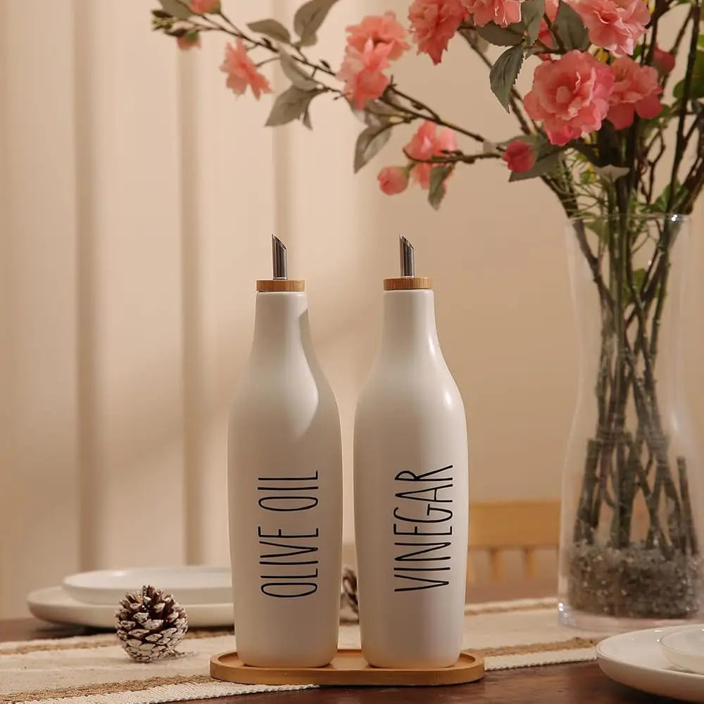 BONJEAN Olive Oil And Vinegar Dispenser Set Ceramic by S And B Enterprise