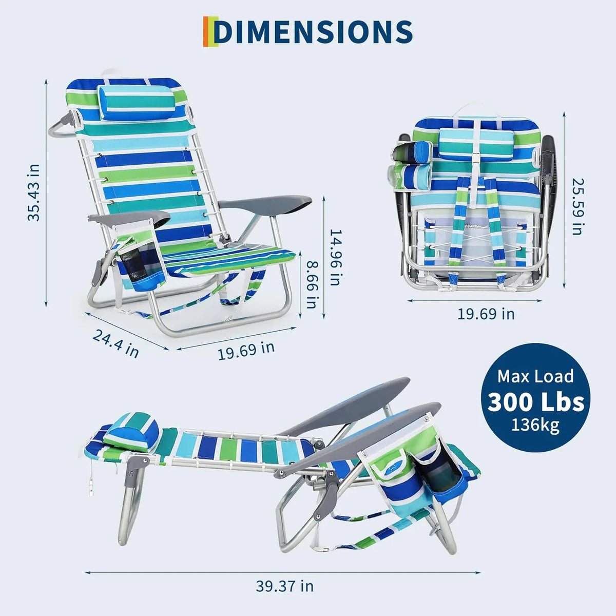 Backpack beach chair for adults by S And B Enterprise with cup holder, phone pocket, towel bar, adjustable height