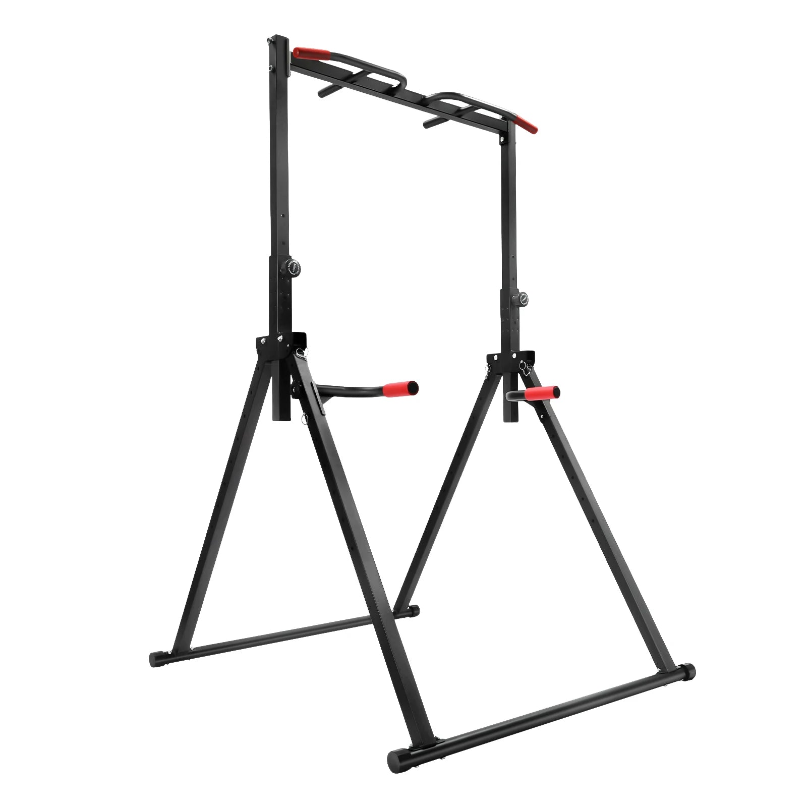 Adjustable pull-up bar training station; foldable black steel frame with red-grip parallel bars.