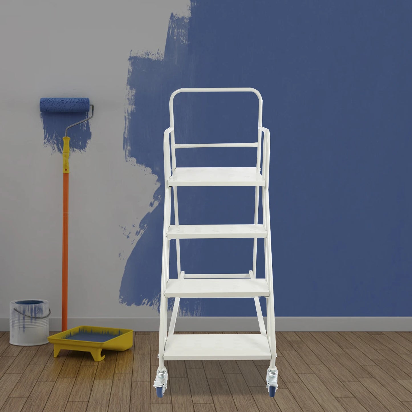 Heavy-Duty 4-Step Stair, High Load-Bearing Warehouse Ladder, Anti-Slip Mobile Step Ladder with Brake Wheel, Cold-Rolled Steel Elevation Platform with Guardrail for Warehouse Supermarket Home by S And B Enterprise