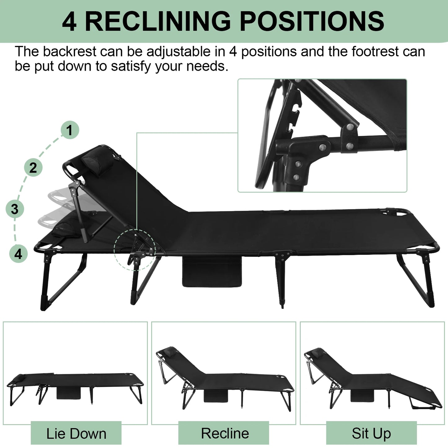 Portable Folding Camping Cot With Pillow And Three-Position Reclining Lounge