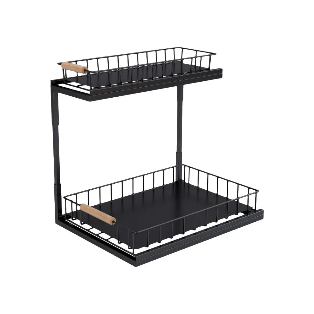 S And B Enterprise carbon steel two-tier under-sink organizer with slide-out shelves in black.