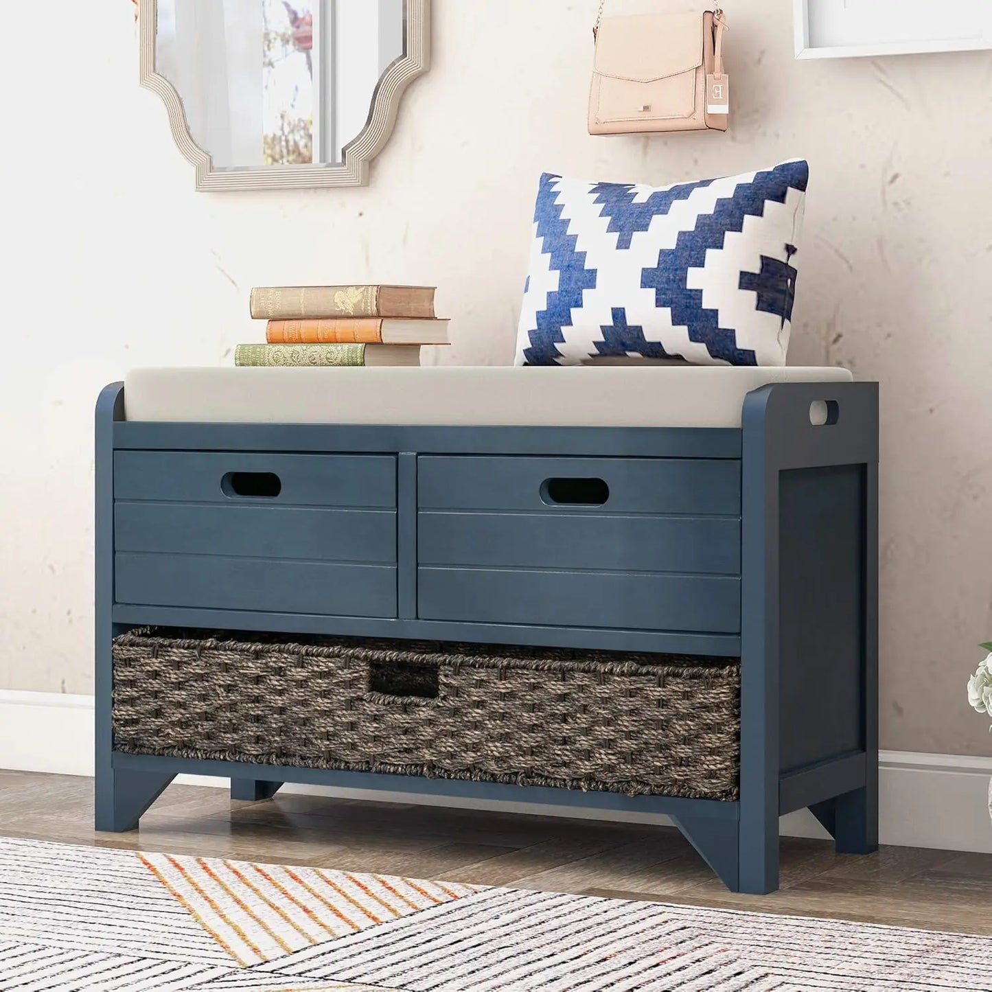 Upholstered Storage Bench for Entryway, Wood Storage Ottoman with Removable Basket and 2 Drawers, Farmhouse Shoe, Customized