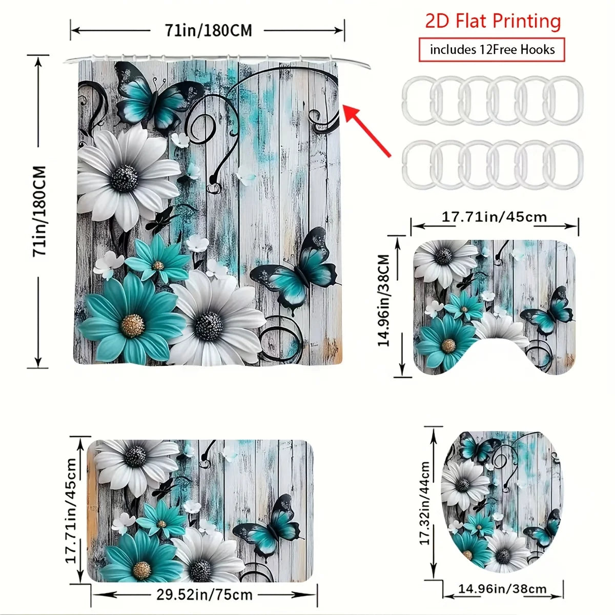 1or4 Piece Teal and White Floral Butterfly Shower Curtain Set - Modern Bathroom Decor - Washable Fabric Curtain - Rugs and Cover by S And B Enterprise