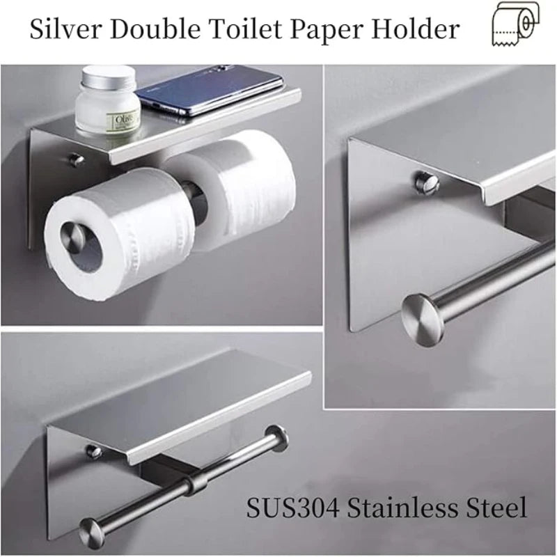 Wall-mounted stainless steel toilet paper holder with shelf and double roll by S And B Enterprise
