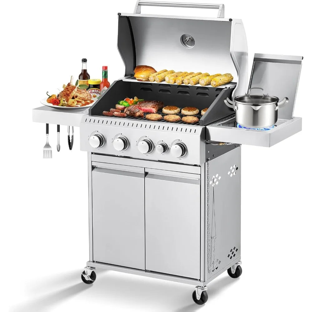 Stainless Steel 4 Burner Propane Gas Grill Cast Iron Grates
