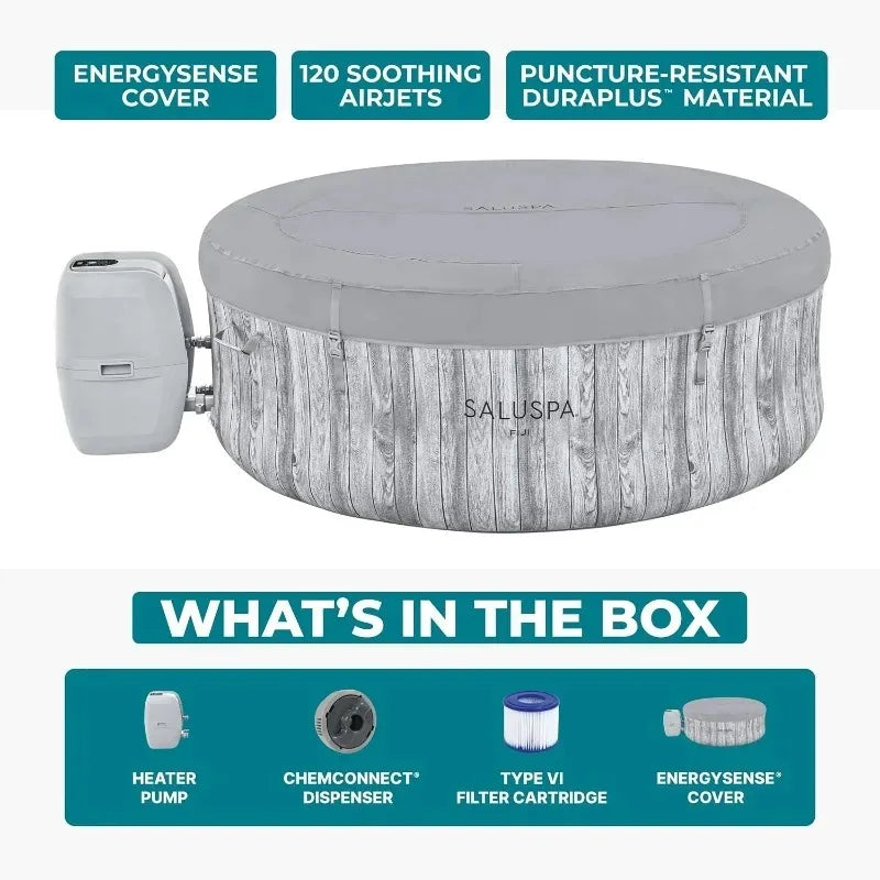 SaluSpa Fiji round inflatable hot tub for 2–4, gray wood-grain exterior with 120 airjets and energy-efficient cover.