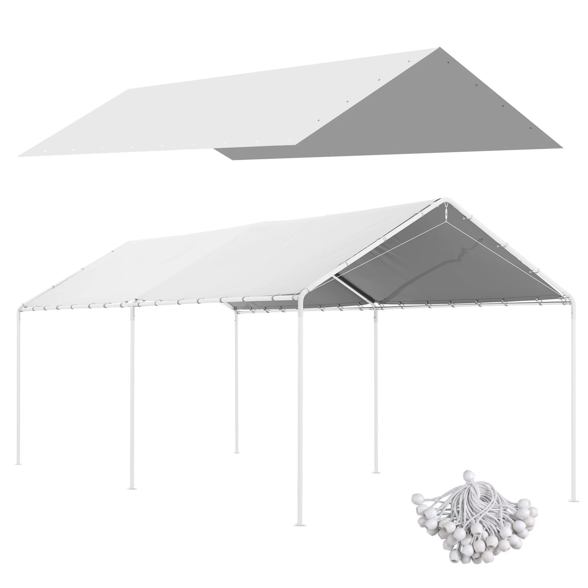 10x20 carport roof canopy replacement cover in white with ball bungee cords for 84C-159 series by S And B Enterprise