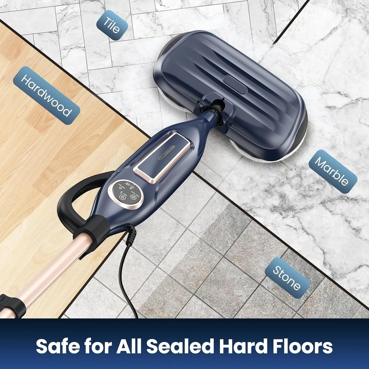 VM6 Steam Mop Cleaner by S And B Enterprise; blue floor steamer with rotating pads for hardwood, marble, tile floors