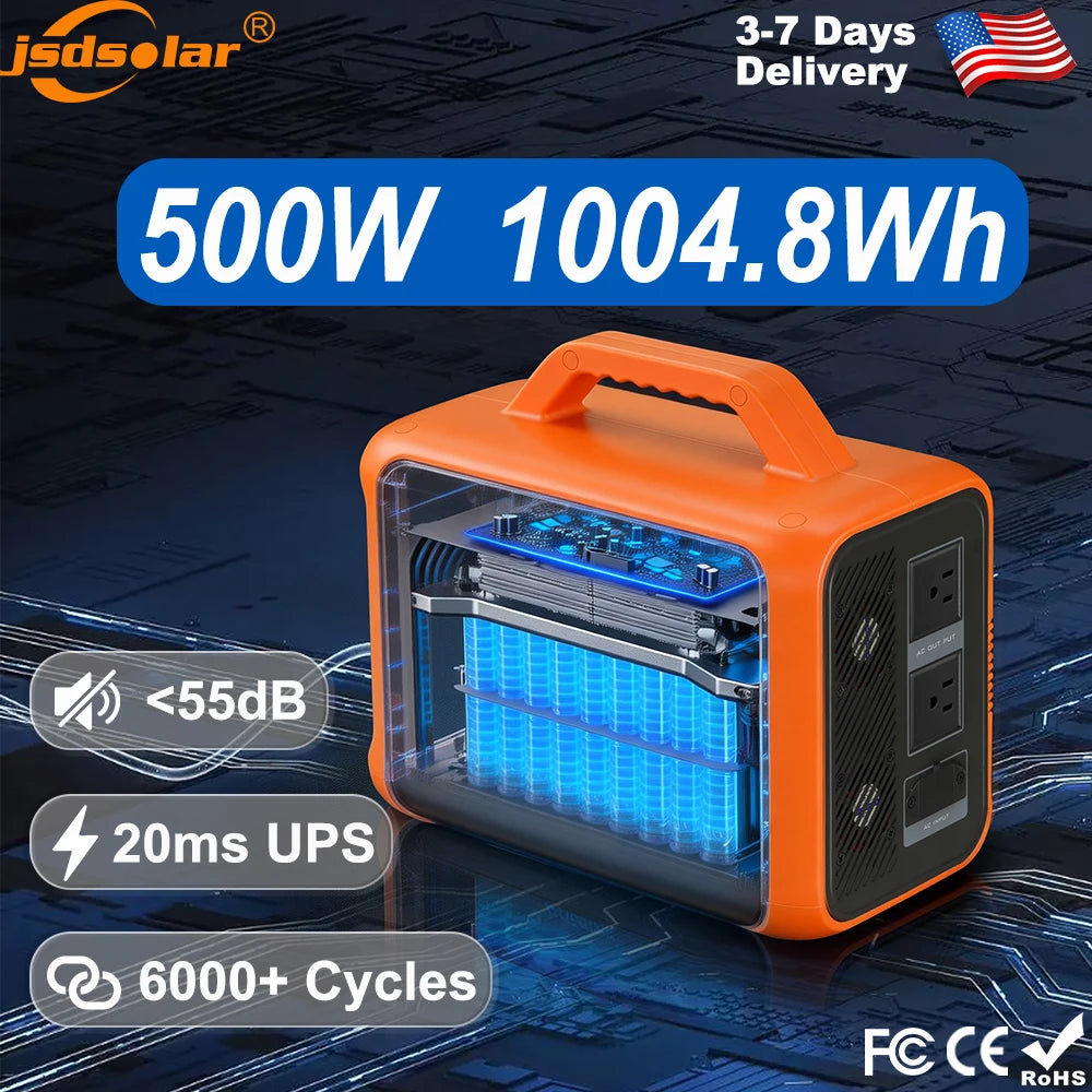 jsdsolar 500W Portable Solar Powered Charger Kit 1004.8wh Solar LifePO4 Battery Power Station Support Solar Panel Charger for Car RV Boat Motorcycle Camping Outdoor 6000+ Cycles Energy Supply Generator 20ms UPS by S And B Enterprise