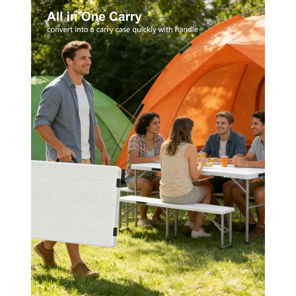 White 6-piece outdoor folding table and bench set by S And B Enterprise for picnics and camping