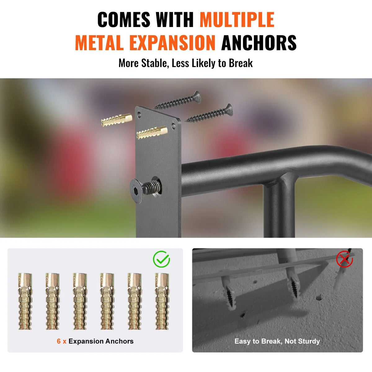 Handrails for Outdoor Steps, 32 in matte black U-shaped wall-mount handrail with 6 expansion anchors (S And B Enterprise)