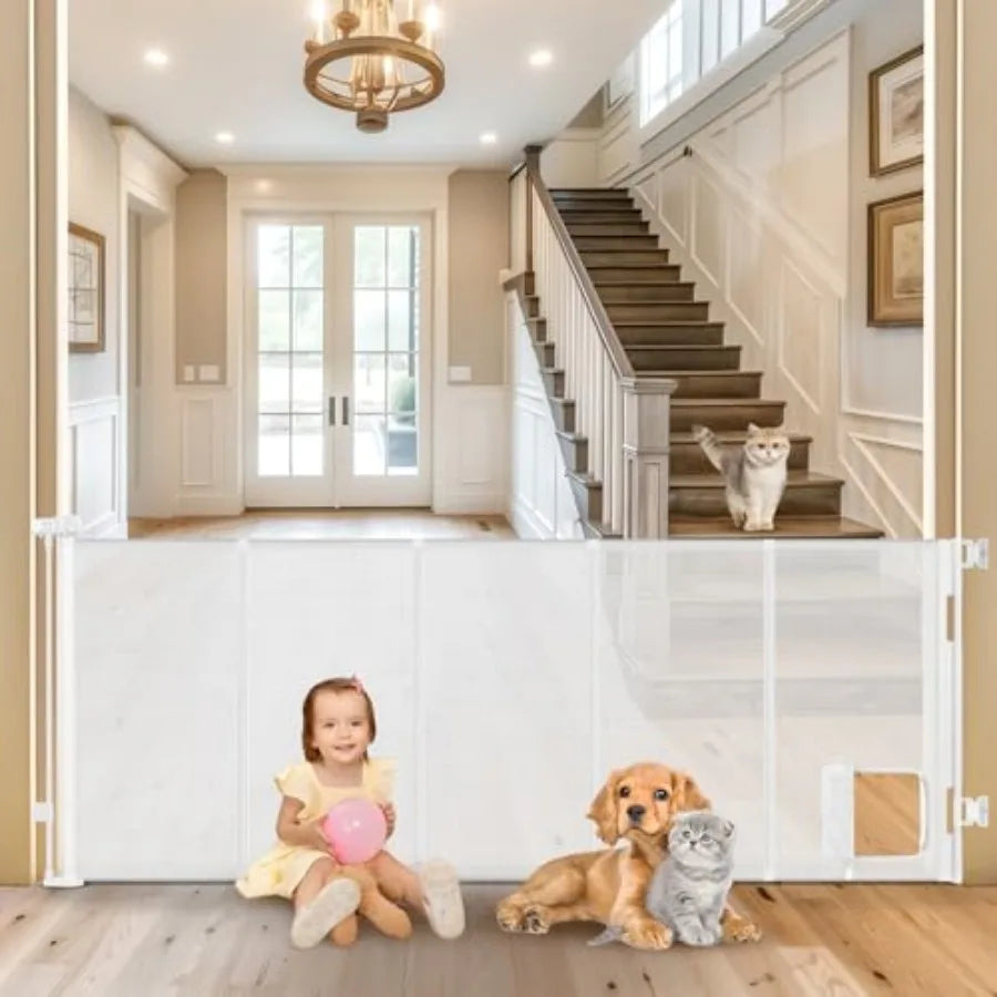 Reinforced Extra Wide Retractable Pet Gate With Cat Door For Doorways by S And B Enterprise