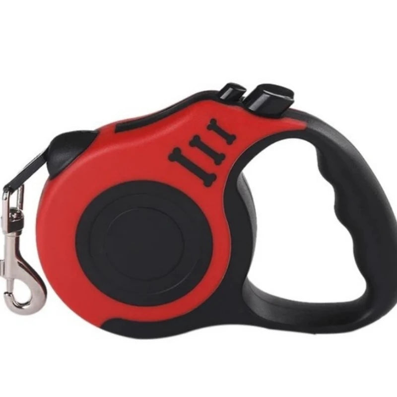 16.5ft retractable dog leash by S And B Enterprise, red and black housing with comfort grip and one-button lock
