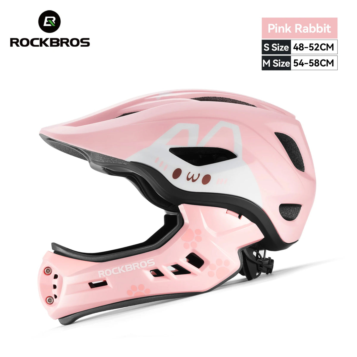 RockBros children's pink detachable full-face cycling helmet with white design and vents