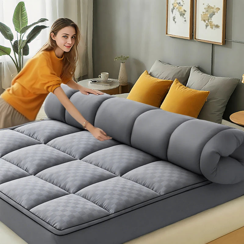 HGETVE extra-thick gray quilted mattress topper with rolled bolster edge