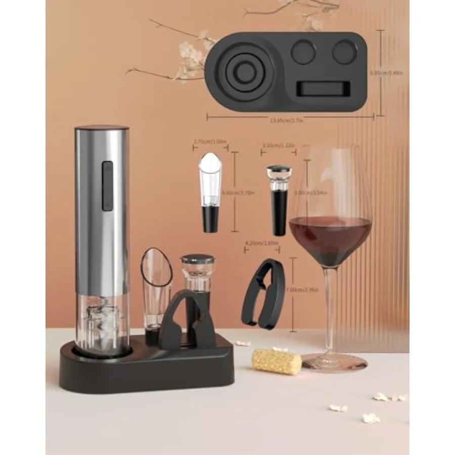 6-in-1 Electric Wine Opener Set by S And B Enterprise; rechargeable stainless steel opener with foil cutter on a black base