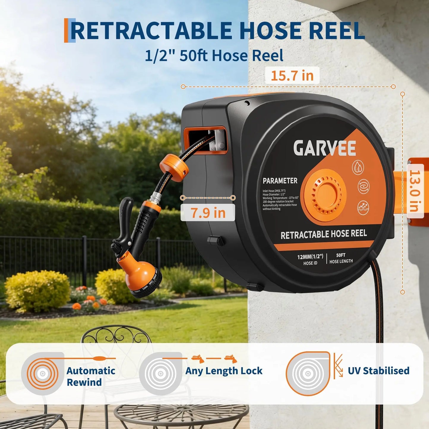 HiMISSG Retractable Wall-Mounted Garden Hose Reel With 10-Pattern Nozzle