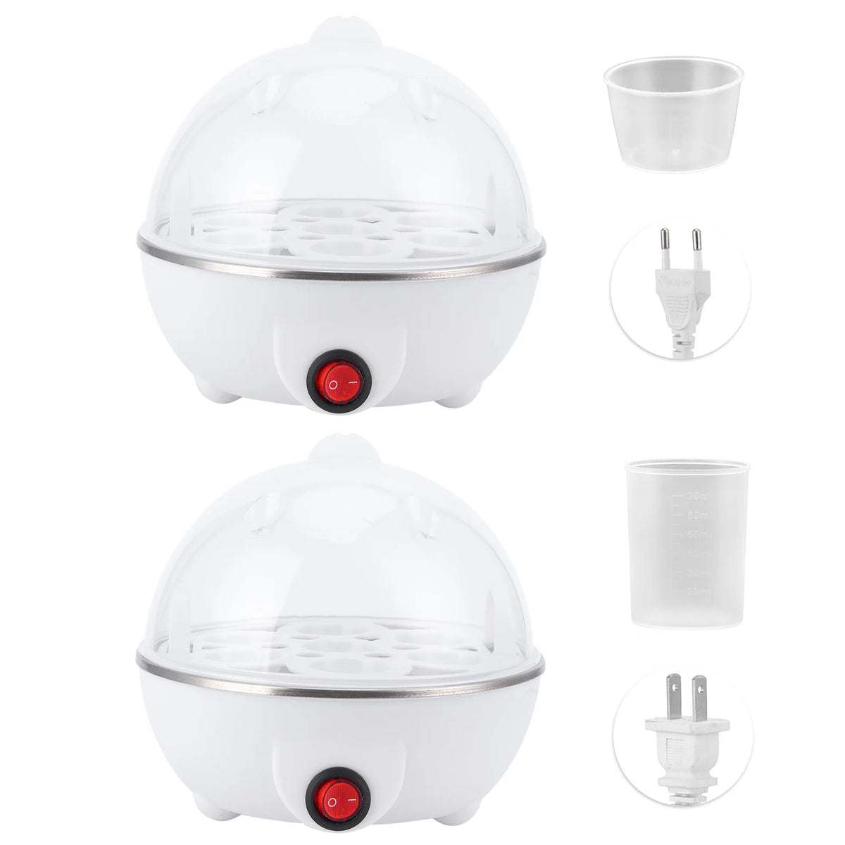 Egg boiler by S And B Enterprise; white electric cooker with clear dome and red switch; 3-piece includes cup and plug